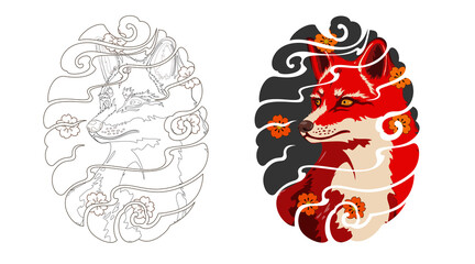 tattoo style fox design, Japanese irezumi tattoo concept. Line artwork included 건대타투 타투달 문신도안 여우 타투도안