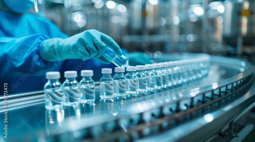 Poster A worker in protective gear handles vials on an automated assembly line in a high-tech pharmaceutical manufacturing lab. The image captures the meticulous process of vaccine production.