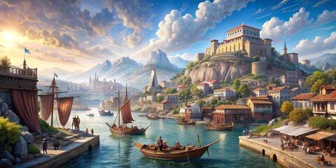 A Majestic City on a Hilltop, Digital Painting, Port City, Sailboats, Mountain City , fantasy, city