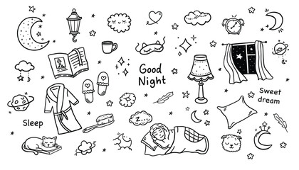 Sleep, relax time, dream night doodle set.  Hand drawn sketch style. Moon, cat, star, lamp element.  Vector illustration. © Jevgeniya Mukhitova