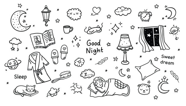 Sleep, relax time, dream night doodle set.  Hand drawn sketch style. Moon, cat, star, lamp element.  Vector illustration.