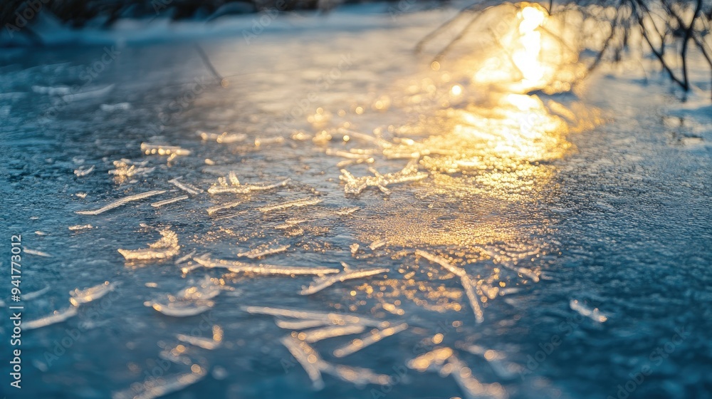 Aufkleber a macro shot of ice forming on the surface of a frozen pond, displaying the delicate patterns and te