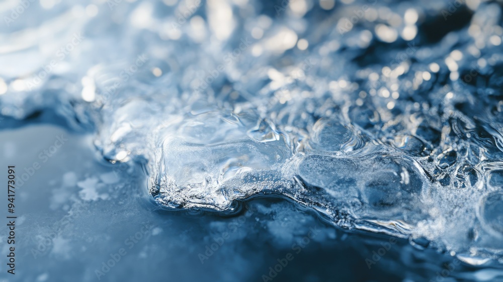 Poster a macro shot of ice forming on the surface of a frozen pond, displaying the delicate patterns and te