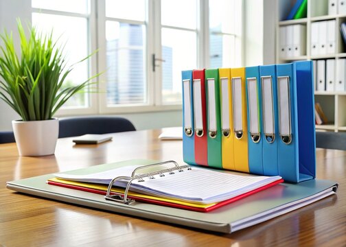A neatly organized, three-ring binder filled with colorful, tabbed dividers and stacks of printed reports, sitting on a sleek, modern office desk surface.