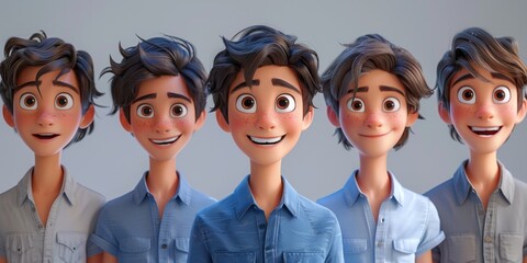 Friendly 3D Cartoon Male Character: Smiling Adult Man in Blue Shirt on Light Background. Minimalist Design for Emotional Expression and Cultural Inclusivity. Modern Marketing Template with Elegant Com