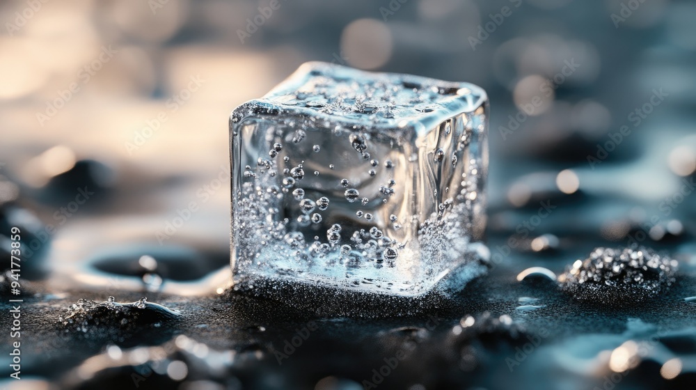 Poster A macro view of a single ice cube, highlighting its crystal-clear structure and the tiny air bubbles trapped inside.