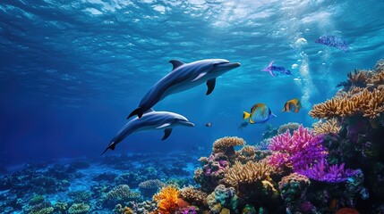 Obraz premium A peaceful scene of dolphins swimming near a coral reef, with vibrant marine life and colorful corals in the foreground.