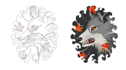 Wolf tattoo design, Japanese style irezumi tattoo concept. Line artwork included 건대타투 타투달 늑대 문신도안