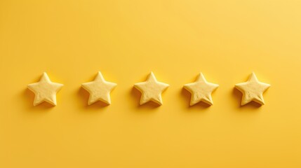 Obraz premium Five yellow stars arranged on a bright yellow background, symbolizing rating, excellence, and positivity.