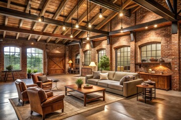 Industrial Farmhouse Garage Sanctuary: Exposed beams, brick walls, rustic furniture, warm lighting, neutral colors