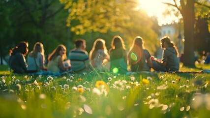 Group of people sitting on grass in a park with sunlight filtering through trees. Concepts of leisure, nature, and socializing in an outdoor setting.