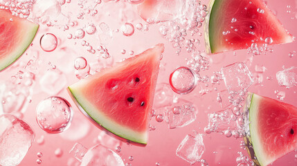 juicy watermelon in water with ice and bubbles