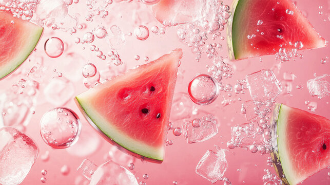 juicy watermelon in water with ice and bubbles