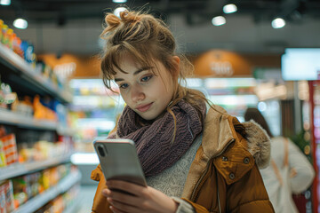 A woman is looking at her phone in a store