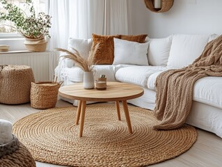 Round wood coffee table with white sofa, Scandinavian modern living room