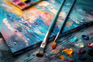 Obraz premium Vibrant Abstract Painting with Brushes on Canvas in Artistic Studio Setting