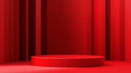 Minimalistic red scene with empty 3d pedestal for product display. Vector 3D background cylinder 3D representation of podium, stage, showcase, stand for product promotion.