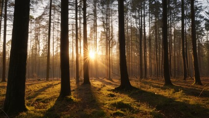 Obraz premium Warm Sunset Filtering Through Forest Trees