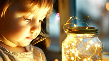 Curious child holding a jar of fairy lights near a window with a soft evening glow. Concepts of childhood wonder, imagination, and warmth. - Powered by Adobe
