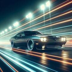 Obraz premium muscle car racetrack sport lights speed motorsport neon spotlights adrenaline racing