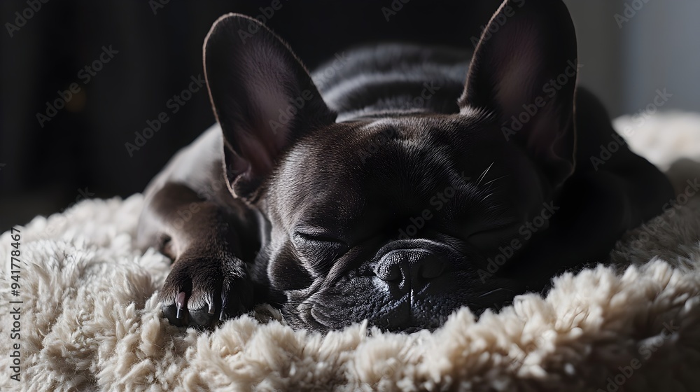 Poster a french bulldog puppy resting peacefully on a soft fluffy pillow with ample copy space for text ove