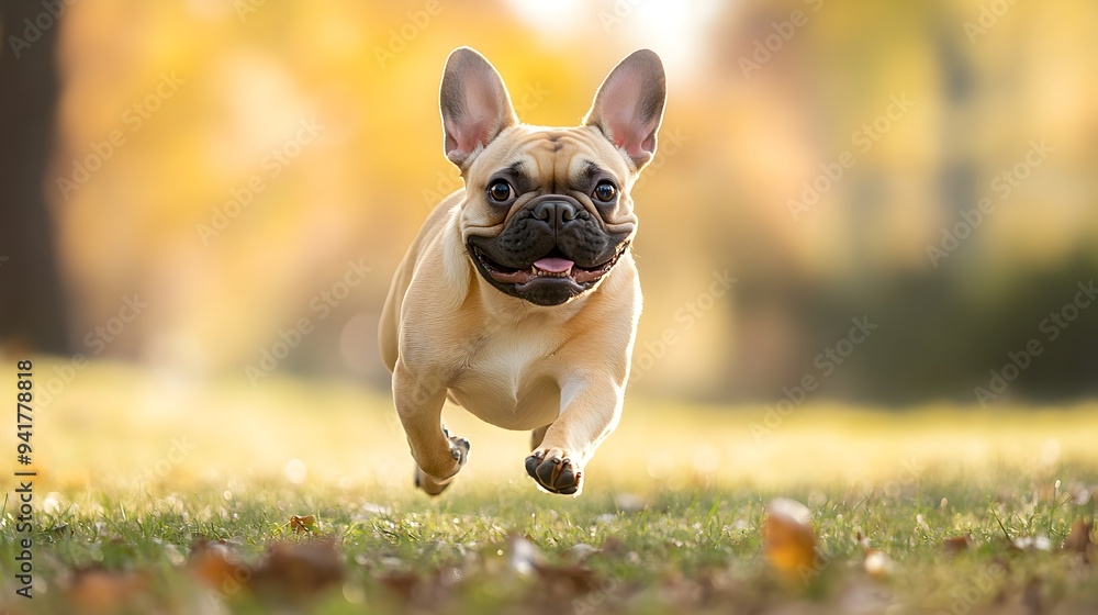 Poster an energetic and playful french bulldog running swiftly through a lush grassy park with its ears fla