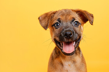 Adorable Purebred Welsh Puppy in Bright Studio Light with Happy Expression on Yellow Background