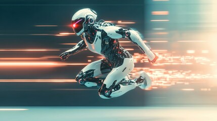 Futuristic robot in a dynamic running pose, with glowing lights and motion blur effects to convey speed. Background is minimal and sleek.
