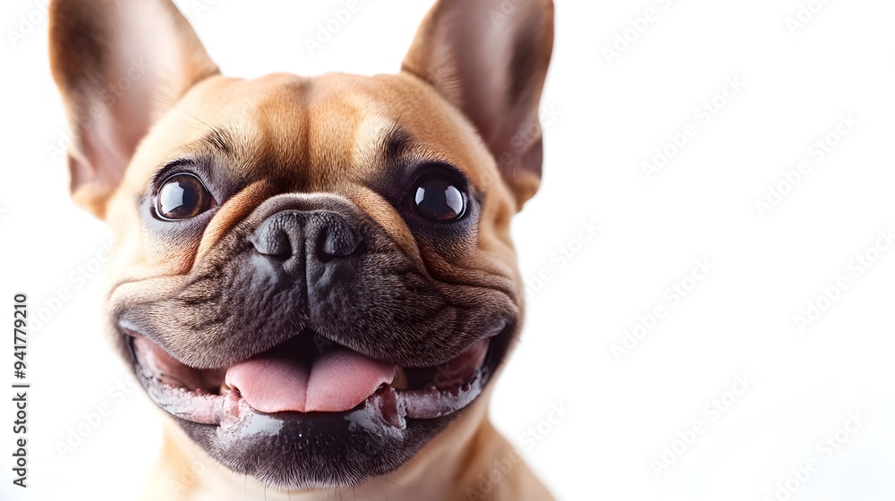 Poster a close up portrait style image of a playful and adorable french bulldog with a cheerful friendly sm