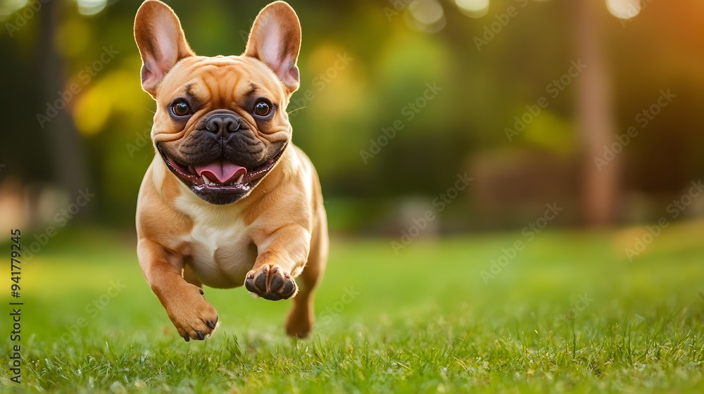Poster energetic and happy french bulldog running through a park with its ears flapping creating a fun and 
