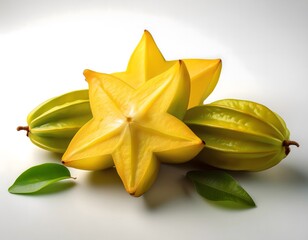 Starfruit (carambola) slices arranged in a neat row on a clean white background