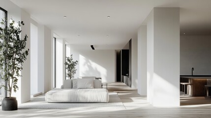 Modern Living Room Interior Design with White Sofa and Large Windows.