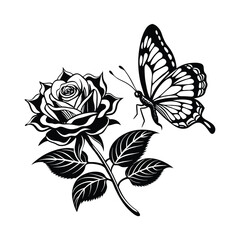 Fototapeta premium Silhouette of a rose flower with butterfly on a white background