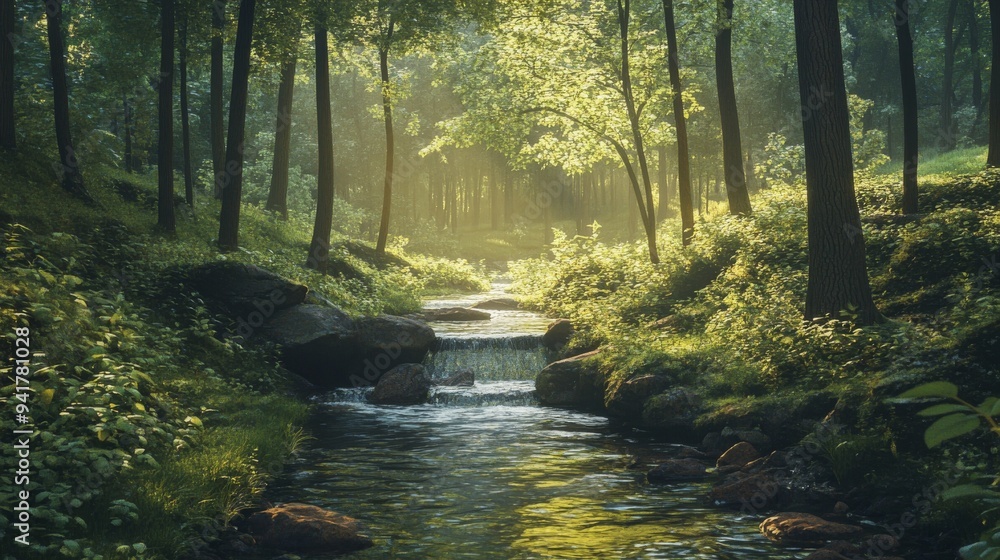 Aufkleber sunlight filtering through the forest canopy illuminating a stream in a lush green forest.