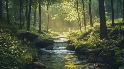 Obraz premium Sunlight filtering through the forest canopy illuminating a stream in a lush green forest.