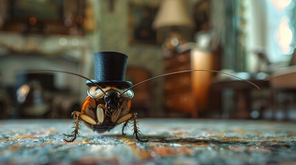Curious Cockroach in Miniature Victorian Parlor with Top Hat and Monocle