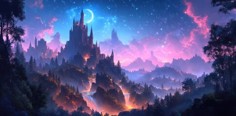 A Majestic Castle Perched on a Mountaintop Under a Starry Sky