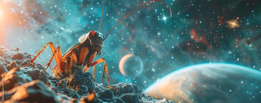 Poster Cockroach Astronaut Floating in Cosmic Space with Stars and Planets