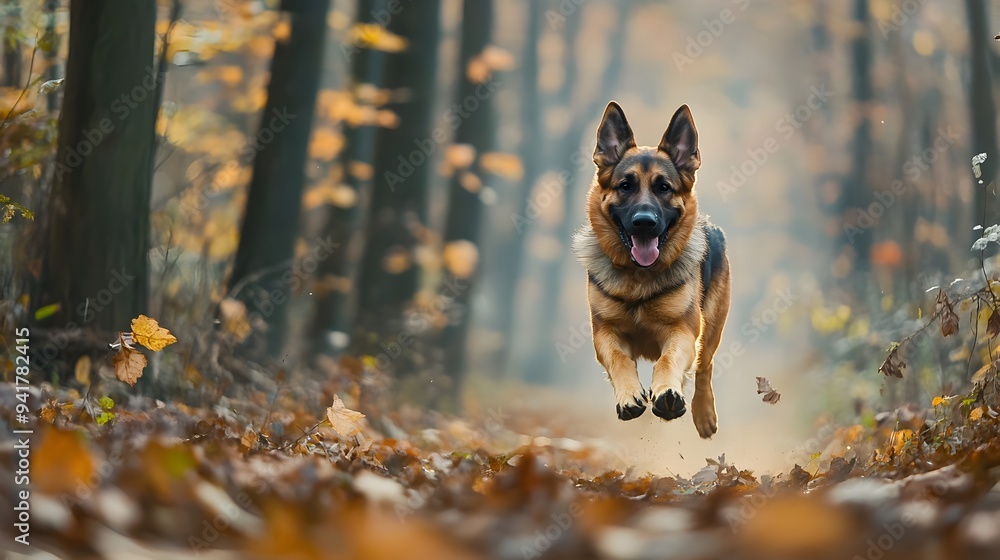 Poster a german shepherd dog running swiftly and powerfully through a lush verdant forest with trees and gr