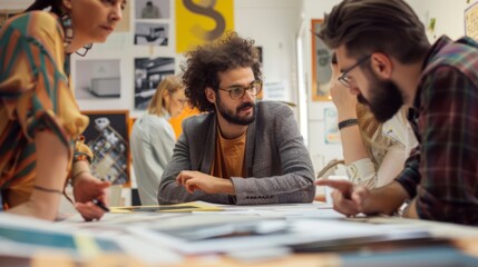Fototapeta premium Creative brainstorming session in a bright workspace with diverse individuals collaborating on innovative ideas