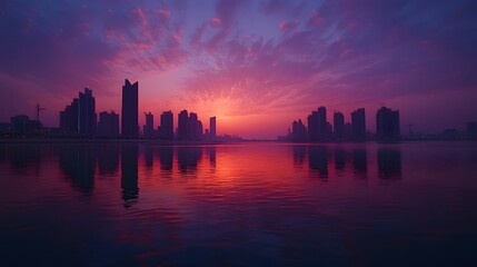 Fototapeta premium Stunning sunset over a modern skyline reflected in tranquil waters.