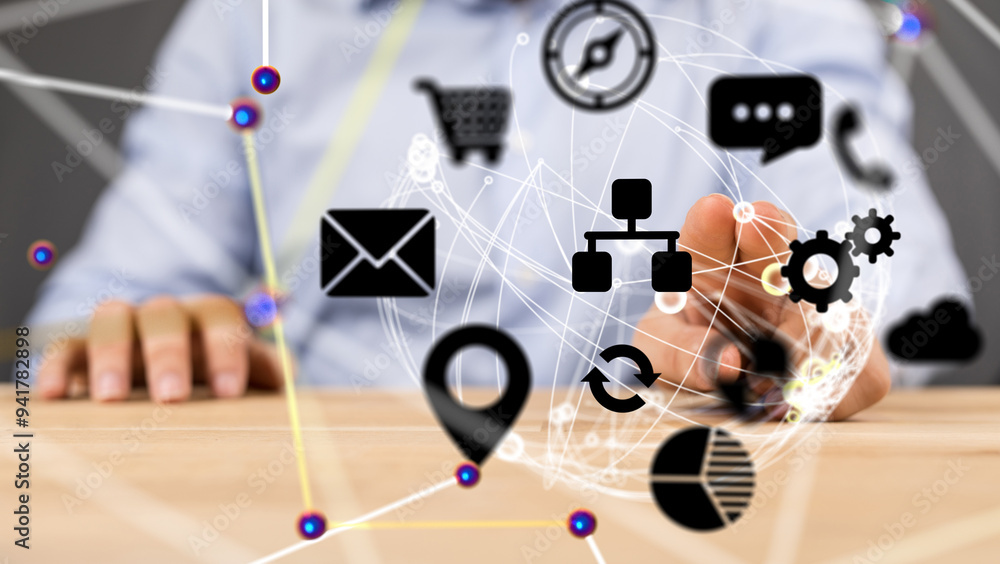 Aufkleber Global network. Blockchain. 3D illustration. Neural networks and artificial intelligence. Abstract