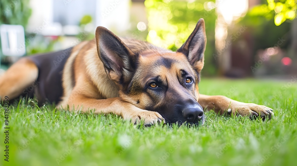Poster a content german shepherd dog lying down and relaxing in a tranquil backyard setting with lush green