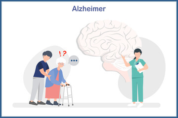Flat medical illustration concept of Alzheimer's disease. Young man helps elderly woman with crutches who is delirious to consult a doctor.