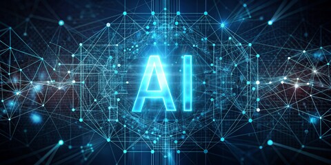 Obraz premium AI Network Concept with Glowing Blue Lines and Dots, artificial intelligence, neural network, machine learning, deep learning