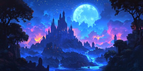 A Silhouetted Castle Under a Full Moon and Starry Sky