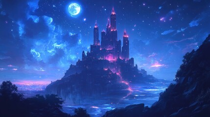 A Majestic Castle on a Cliff Under a Starry Night Sky