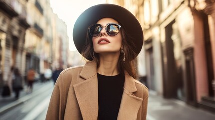 Obraz premium Stylish Woman in a Brown Coat and Hat in the City.