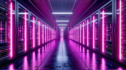 Futuristic data center corridor illuminated with vibrant pink lights, showcasing advanced technology and sleek design.
