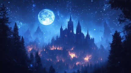 A Gothic Castle Silhouetted Against a Night Sky with a Full Moon and Stars